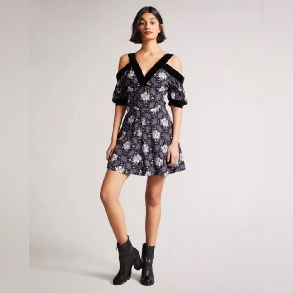 Ted Baker Leilia Low V Cold Shoulder Floral Mini Dress in Black, NWT, Size 2